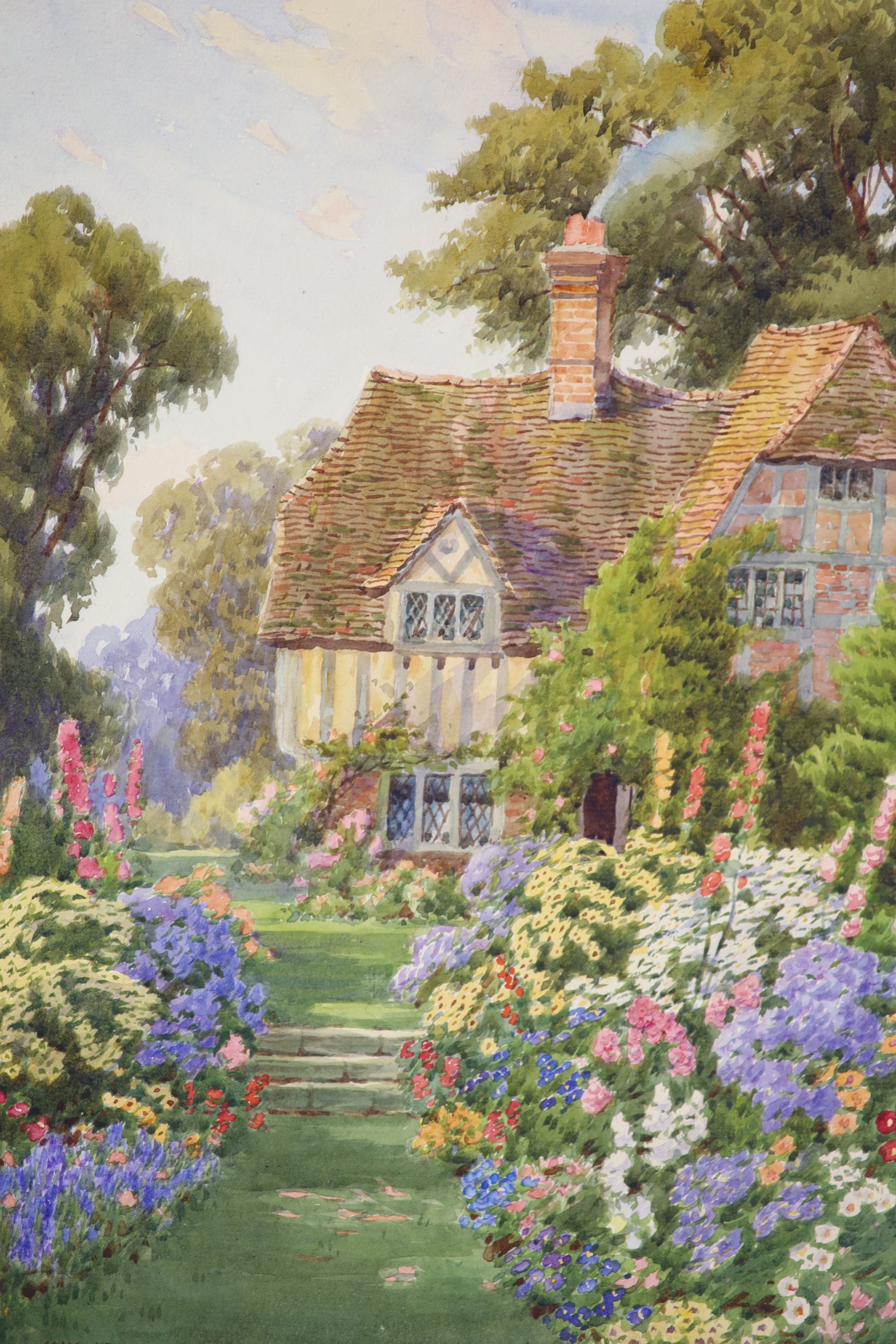 Howard Neville Walford (1864-1950), two cottage garden scenes and three similar watercolours by Nancy Dowson